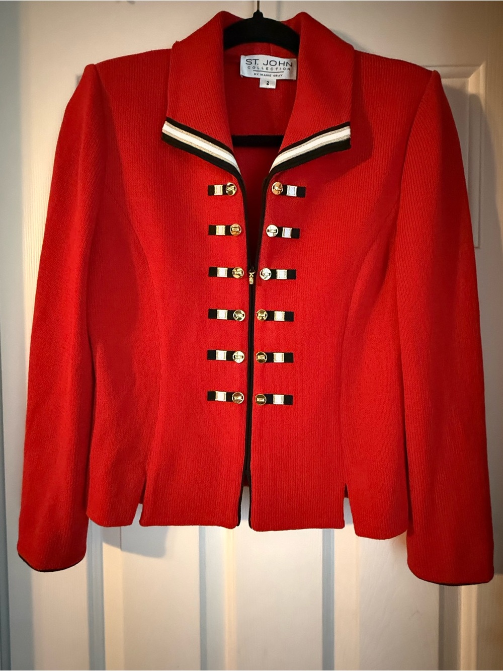 St. John Red Knit Military-Inspired Blazer with Gold Trim